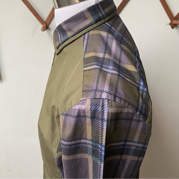 Givenchy Paris Plaid Sleeve Designer Button Up Olive Green Shirt Medium - Picture 5 of 16
